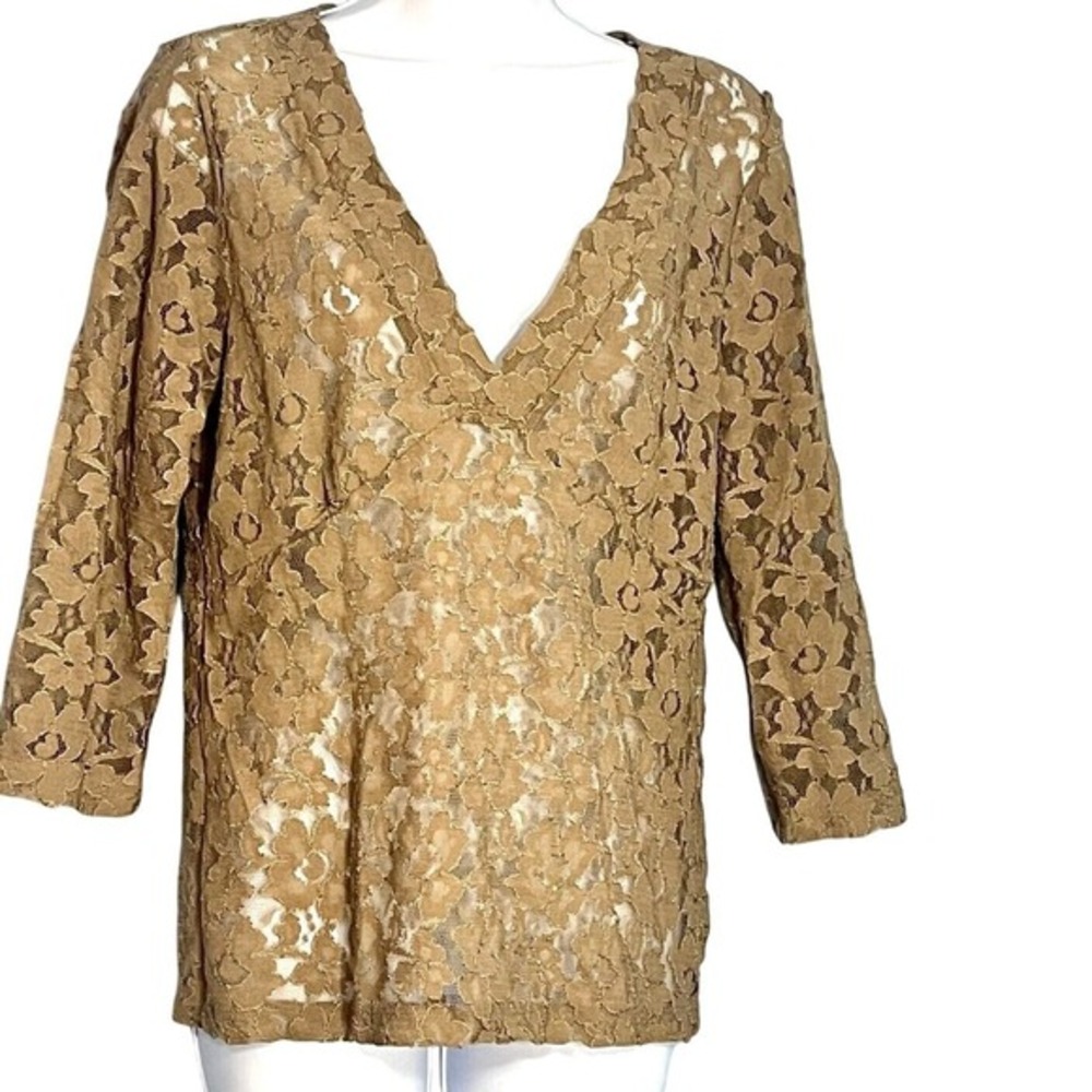 Vtg Old Navy Gold Tan Floral Mesh Lace Top Size Large Empire Waist V-Neck Fall